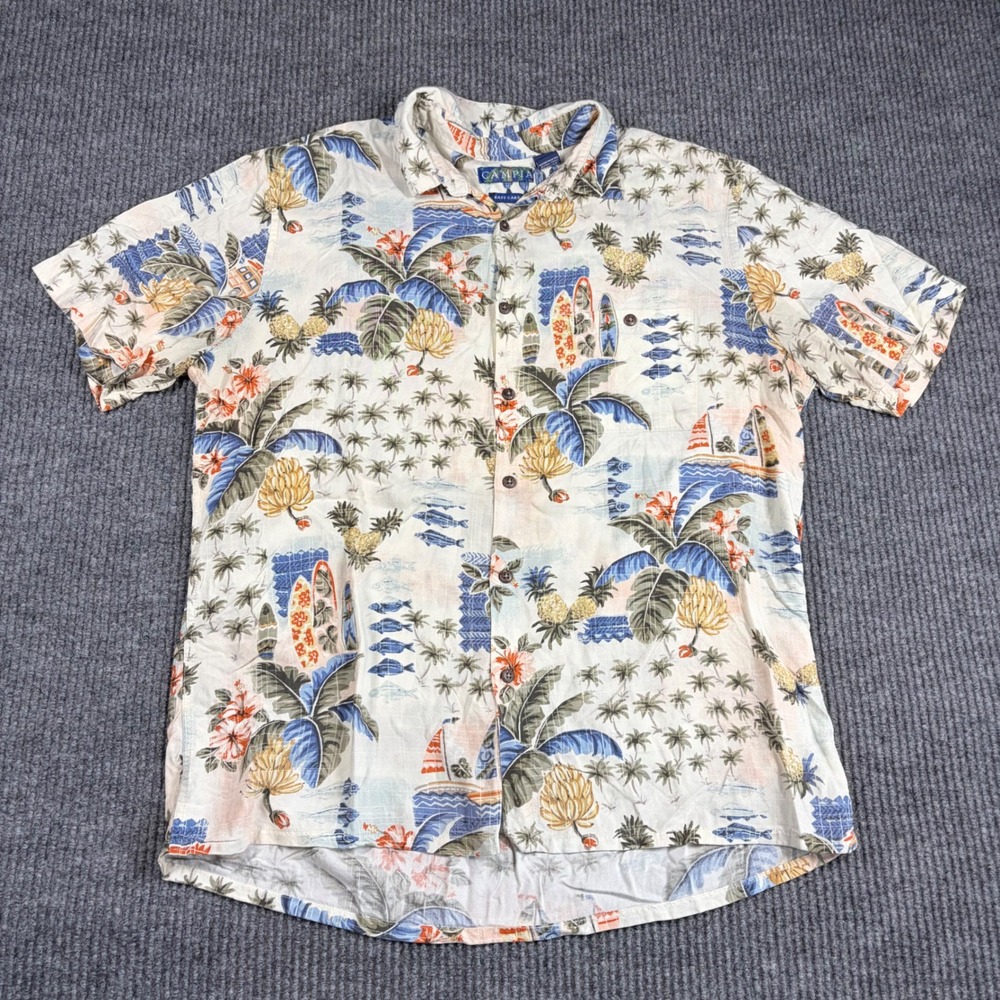 Campia Shirt Mens L Hawaiian White Tropical Surf Palm Tree Rayon Button Up
